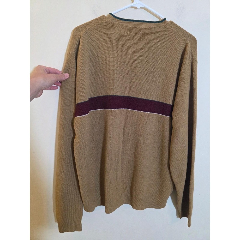 Vintage Izod Lacoste Mens XL Tan Brown Striped Crewneck Knit Sweater Retro
